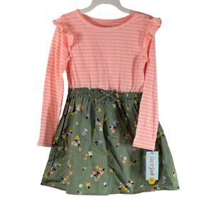 Cat & Jack Girl's Long Sleeve Floral Dress, Size 5T, Army Green, NWT